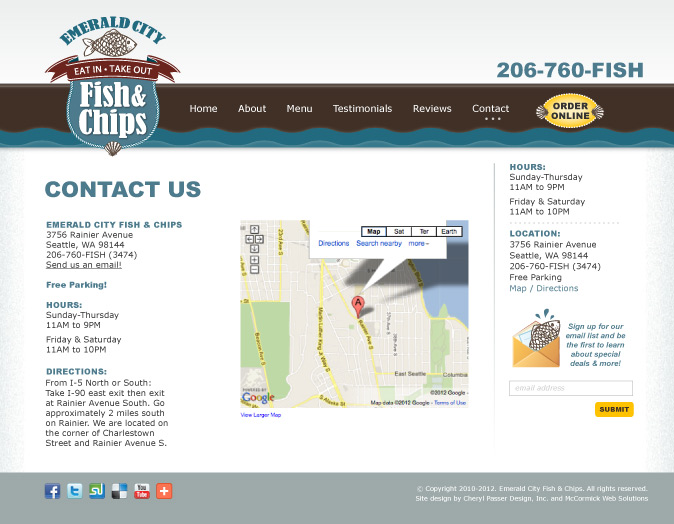Website Design Sample - Emeral City Fish & Chips Contact Page