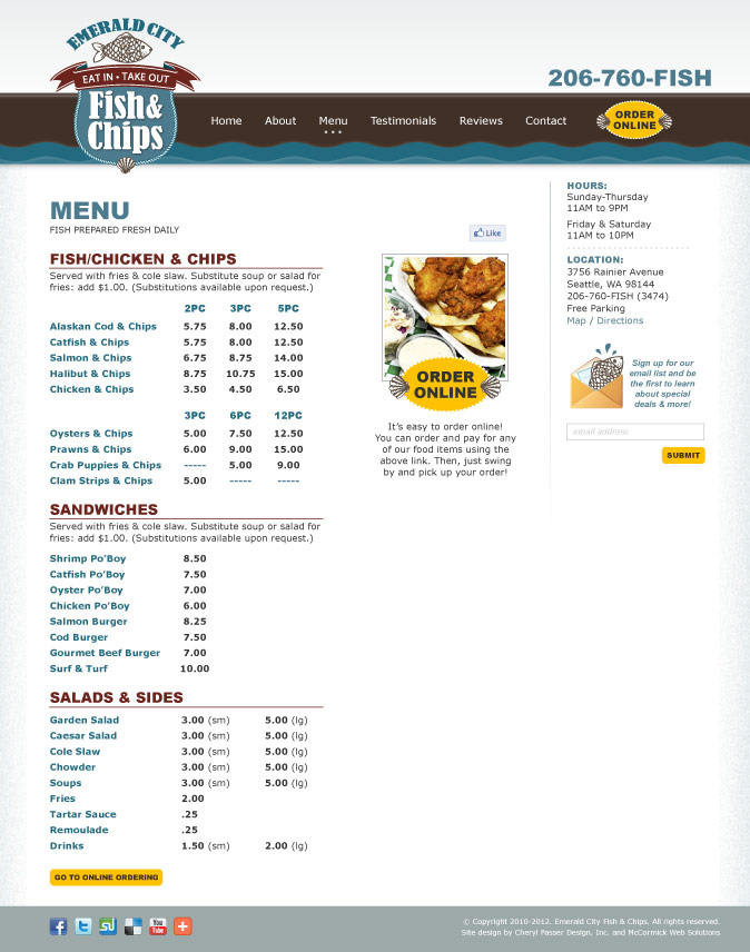Website Design Sample - Emeral City Fish & Chips Menu