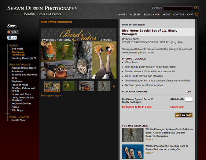 Website Design Sample - Shawn Olesen Photography Online Store Page
